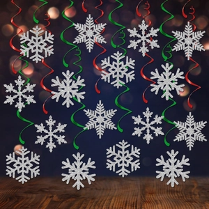 Christmas snowflake hanging ornaments set with glitter silver decor and colorful swirls