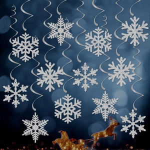 Silver snowflake hanging decorations with glitter finish and spiral swirls for parties