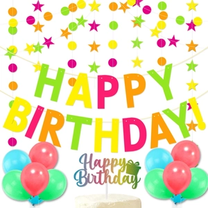 Vibrant Happy Birthday party decoration set with neon banners balloons and cake toppers
