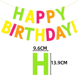 Detailed dimensions of neon Happy Birthday banner letters measuring 9.6cm by 13.9cm
