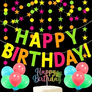 Neon Fluorescent Happy Birthday Banner And Star Dot Garlands With Cake Topper For Glow Party Decoration Paper Cardstock