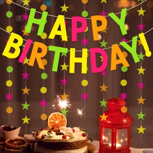 Vibrant Happy Birthday banner set with colorful star and circle garland party decorations