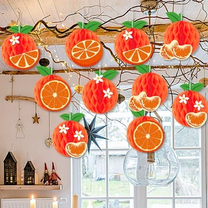 Set of 10 orange honeycomb paper balls with green leaves for summer party decoration