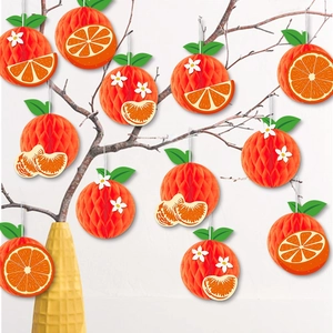 Summer Fruit Orange Honeycomb Hanging Decorations Tropical Paper Ball Ornaments For Hawaii Luau Birthday Party Decor
