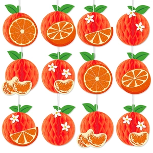 12-pack orange honeycomb paper hanging decorations for summer tropical fruit parties