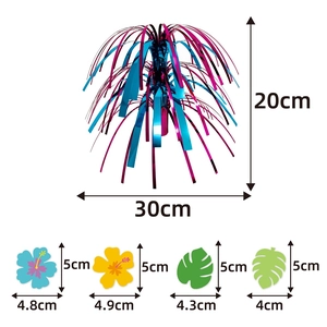 Hawaiian party table centerpiece set with foil fountain and tropical cutouts