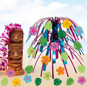 Hawaiian luau party table centerpiece with tropical hibiscus flowers and foil fountain