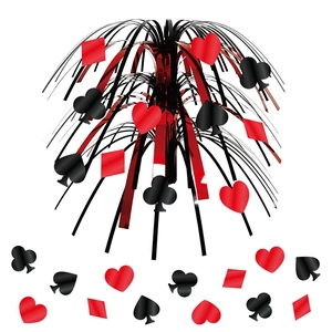 Casino poker centerpiece with red and black heart spade club diamond foil fringes