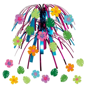 Tropical Hawaiian party fountain centerpiece with hibiscus flowers and monstera leaves