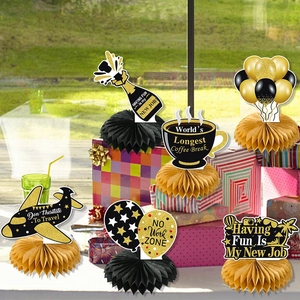 9-piece black and gold honeycomb retirement table centerpieces for festive party decor