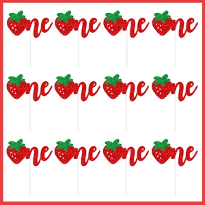 Set of 12 strawberry themed glittery one cake toppers for a first birthday party celebration