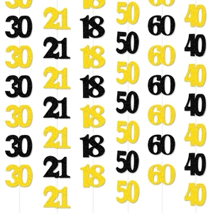 Glittery black and gold vertical number banners for birthday and anniversary party decor