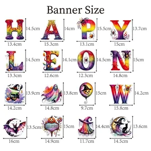 Halloween party decoration set featuring colorful letters, ghosts, and pumpkin banners