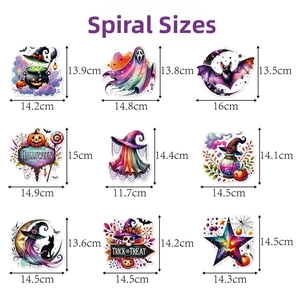 Detailed size chart for Halloween party decorations featuring ghosts and pumpkins