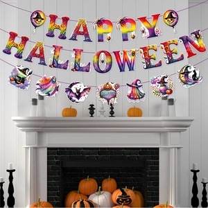 Rainbow Happy Halloween banner set with pumpkin and ghost decorations above a fireplace
