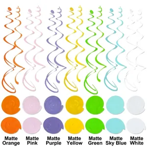 Matte PVC party swirl decorations in seven colors showing spiral and flat storage forms