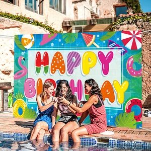 Large Summer Pool Party Happy Birthday Banner with Flamingo and Pineapple Decor