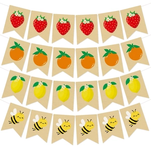 Summer Fruit Burlap Banner Rustic Strawberry Lemon Orange Bee Bunting Garland For Birthday Party Picnic Background Decor