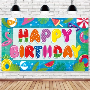 Summer Pool Party Happy Birthday Backdrop Polyester Banner Flamingo Pineapple Decoration For Beach Birthday Party