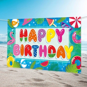 Summer pool party happy birthday background banner with flamingos and beach elements