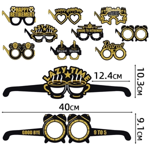 Set of 9 black and gold retirement party paper glasses with detailed size measurements