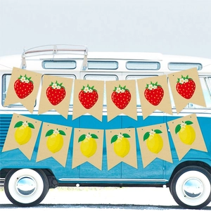 Burlap fruit party banners featuring strawberry and lemon patterns for summer decor