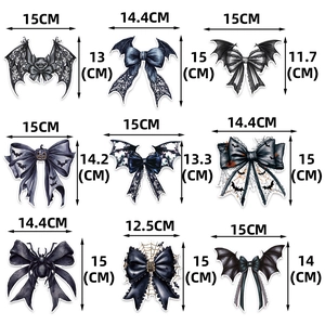 Nine Halloween bow-tie hanging swirls with spider and bat designs including size specs