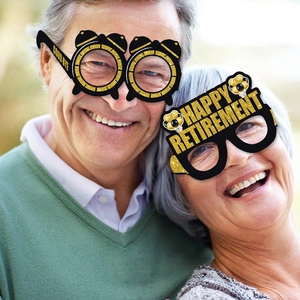 Funny black and gold Happy Retirement paper glasses and party photo props for seniors