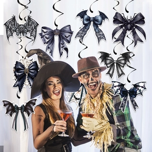 Halloween hanging swirl decorations set featuring spider web, pumpkin, and bat bow designs