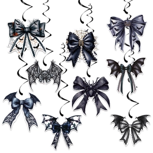 Halloween party spiral ceiling decorations with black spiders and gothic bow charms