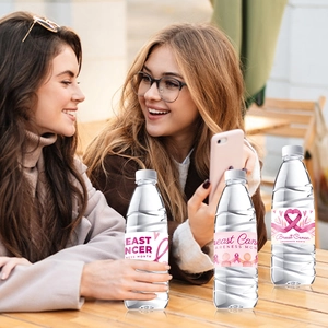 Pink ribbon water bottle stickers for Breast Cancer Awareness Month party decorations