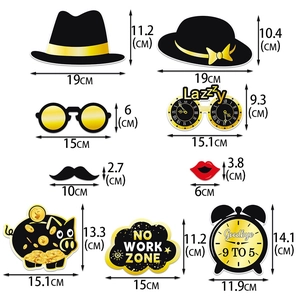 Detailed size specifications for retirement party photo props with black and gold elements