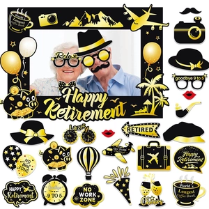 Happy Retirement Photo Booth Props Handheld Frame Black Gold Theme Funny Selfie Decorations Paper Cardstock