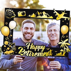 Outdoor photo of retired men holding a Happy Retirement frame with golden coffee theme design