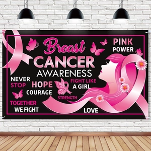 Breast Cancer Awareness Backdrop Polyester Pink Ribbon Butterfly Flower Banner Charity Party Event Wall Decor