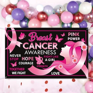 Pink ribbon breast cancer awareness backdrop banner with butterflies and floral motifs