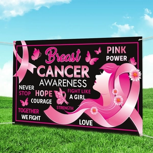 Pink ribbon breast cancer awareness banner with floral female silhouette on black background