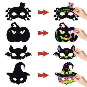 Halloween DIY scratch masks set with bat pumpkin spider and witch rainbow designs