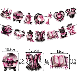 Pink and black gothic Halloween banner featuring black cat, magic book and crystal ball