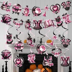 Gothic coquette Halloween banner set with black cat and pink witch hats decoration