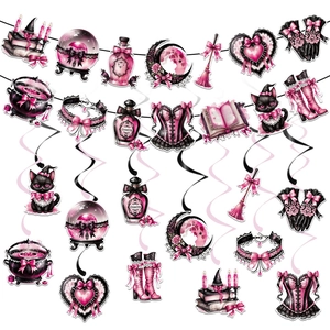 Pink Black Gothic Halloween Witch Party Decoration Banner Swirls Cat Potion Bottle Motif Indoor Background Hanging Decor
