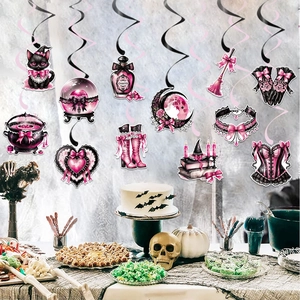 Pink and black gothic Halloween banner set with witch cats and spiral swirls decoration