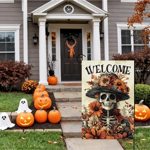 Halloween garden flag featuring a skull with floral hat and welcome greeting on the porch