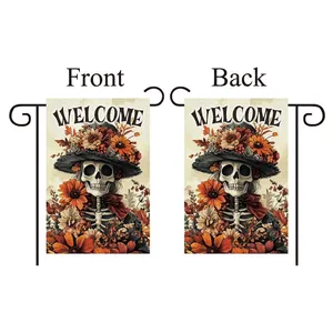 Welcome Halloween garden flag with skeleton in sunflower hat on black iron stand