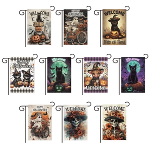 Set of 10 Halloween garden flags featuring pumpkins, ghosts, and black cats patterns