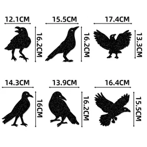 Set of 6 black glittery crow wall stickers with size details for Halloween party decor