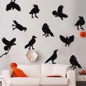 Black glittery crow wall stickers for Halloween party decorations set in indoor scene
