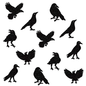 Set of 12 black glitter crow silhouettes for Halloween wall and window party decoration