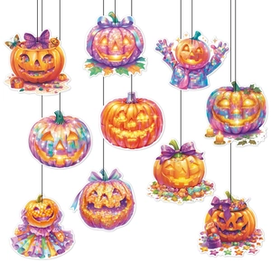Set of 9 colorful Halloween pumpkin hanging ornaments with disco and bow tie designs