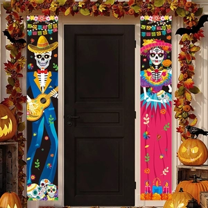 Mexican Day of the Dead door banners featuring colorful skeletons and festive folk elements